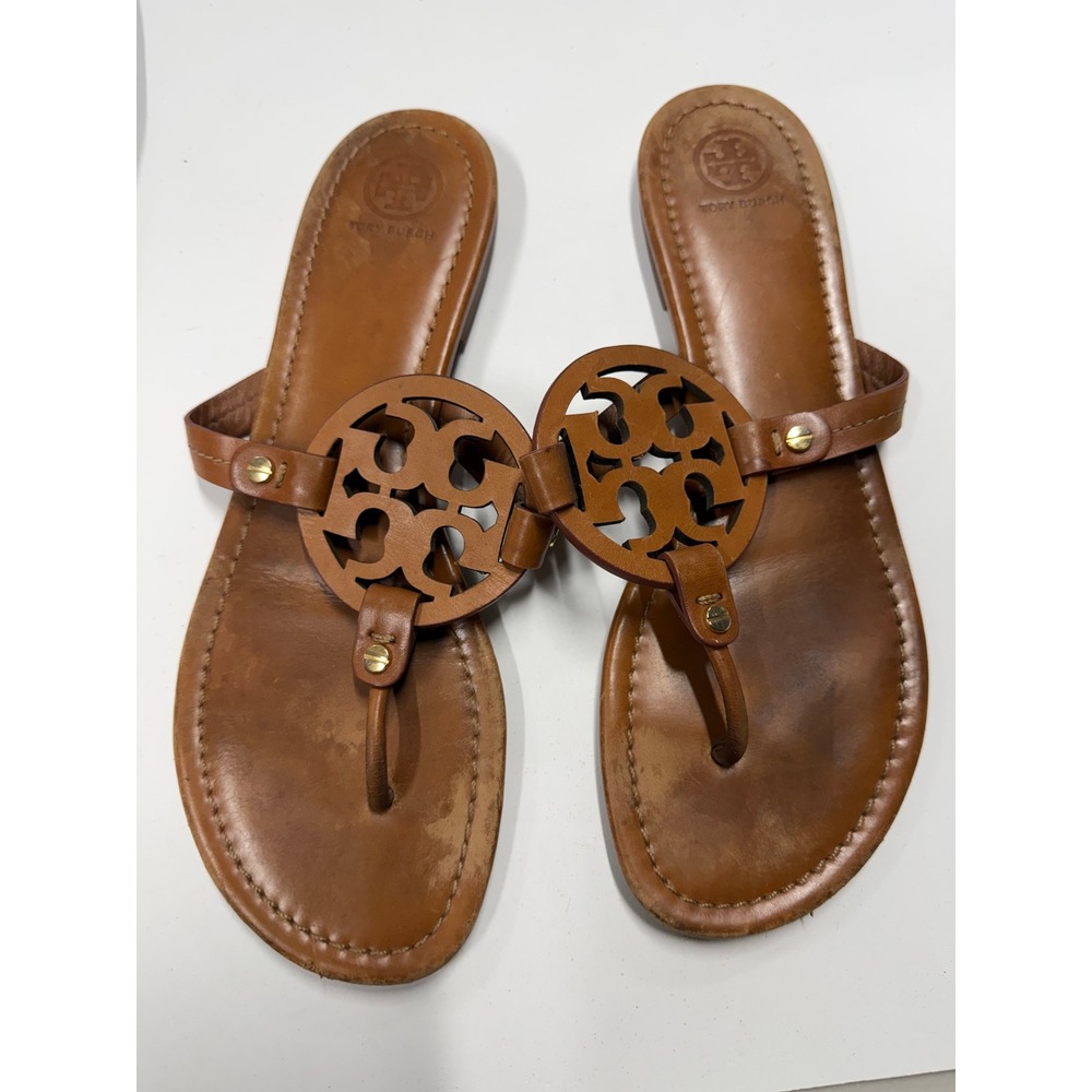 Tory Burch Miller Sandals Tan Leather Thong Flat Logo Medallion Brown Womens